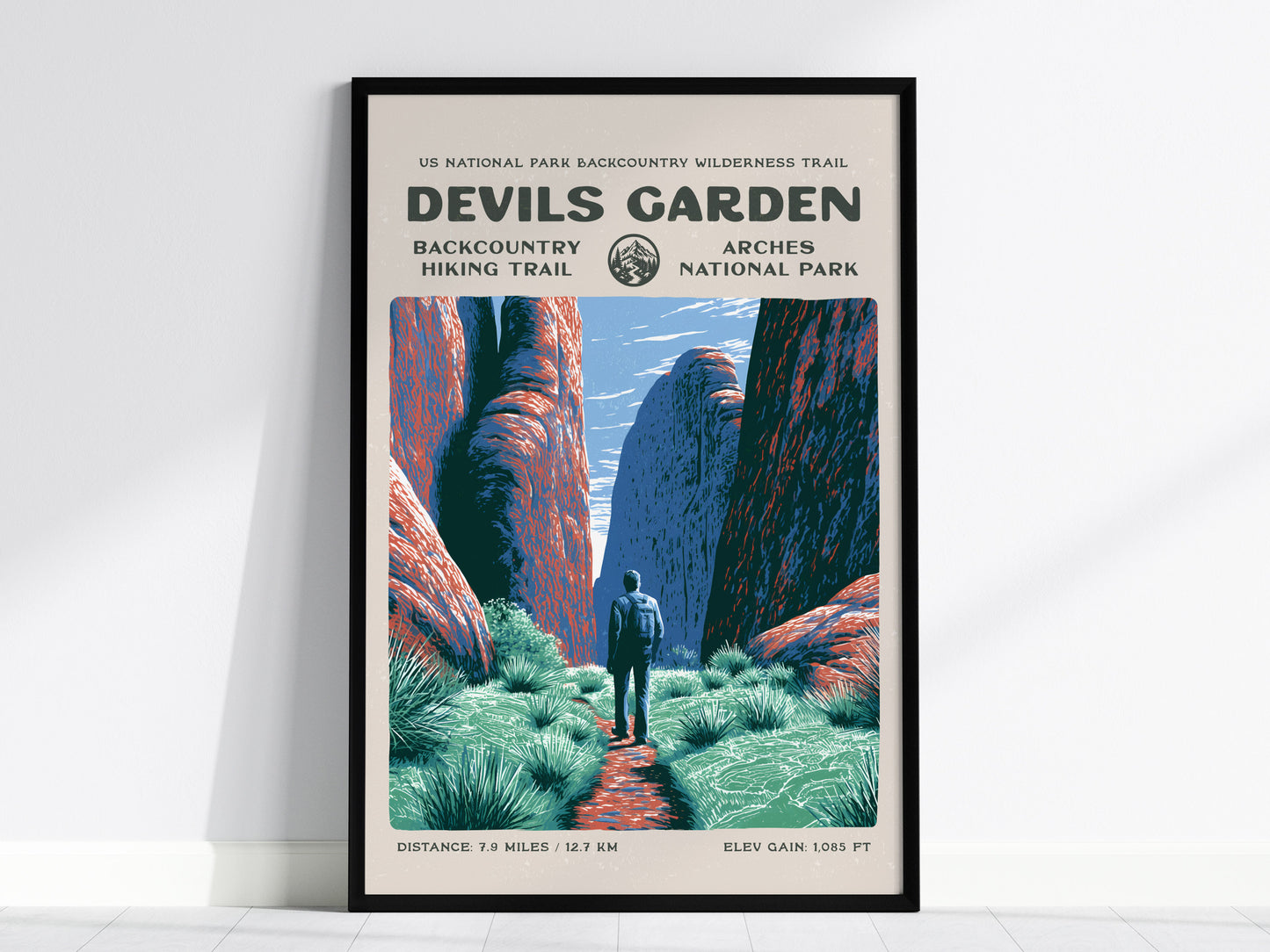 Devils Garden, Arches National Park Poster | Hiker Gift | Sandstone Fins & Arches Wall Art — framed wall art, 24x36 in