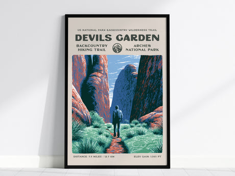 Devils Garden, Arches National Park Poster | Hiker Gift | Sandstone Fins & Arches Wall Art — framed wall art, 24x36 in