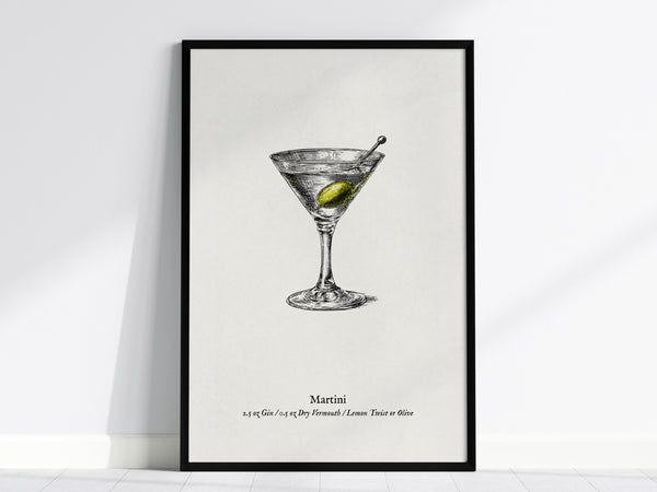 Martini Poster | Vintage Cocktail Scientific Illustration Wall Art — framed wall art, 24x36 in
