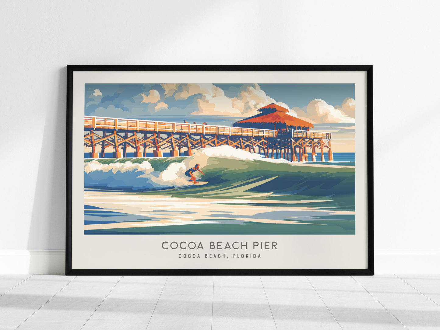Cocoa Beach Pier Landscape Matte Border Poster | Travel Wall Art — framed wall art, 24x36 in