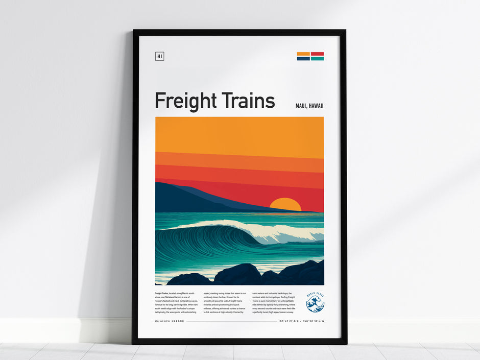 Vibrant Maui wave poster featuring a sunset over the ocean, perfect surf art for decor and a unique surfer gift.