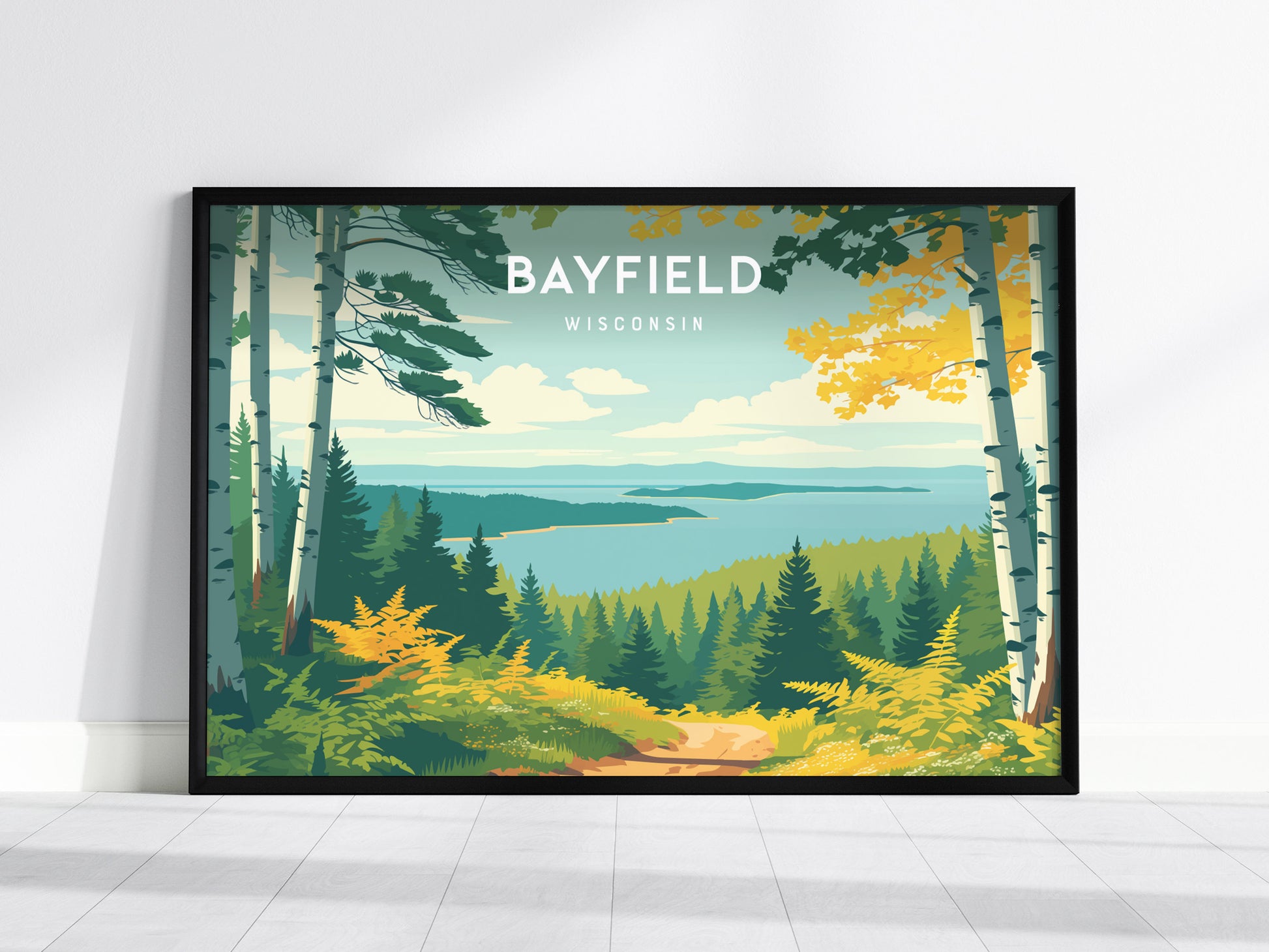 Bayfield, Wisconsin Landscape Poster | Coastal Beach Decor & Harbor Wall Art — framed wall art, 24x36 in