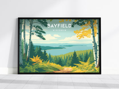 Bayfield, Wisconsin Landscape Poster | Coastal Beach Decor & Harbor Wall Art — framed wall art, 24x36 in