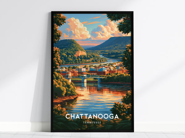 Chattanooga, Tennessee Poster | River City Mountain Views Wall Art — framed wall art, 24x36 in
