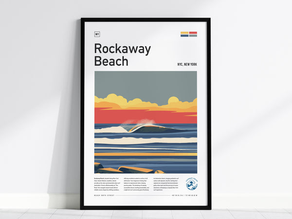 A framed poster of Rockaway Beach featuring a stylized illustration of ocean waves under a colorful sky with a setting sun. The poster includes bold text and a modern design, set against a white wall and a light floor.