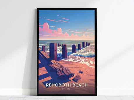 Framed poster depicting Rehoboth Beach with wooden pilings, sandy shore, and a vibrant sky at sunset. Waves gently lap against the beach, creating a serene coastal scene.