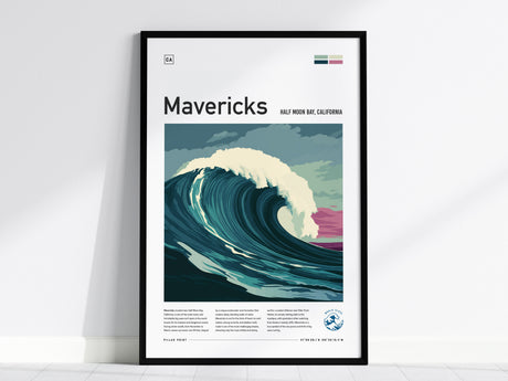 A framed poster depicting a large, stylized ocean wave with a foamy crest, titled Mavericks and located near Half Moon Bay, California.