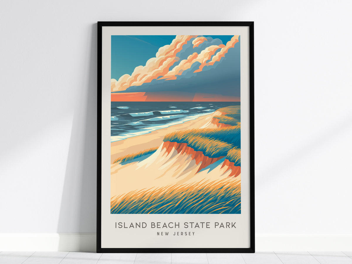 Island Beach State Park Matte Border Poster | New Jersey Beach House Decor Travel Wall Art — framed wall art, 24x36 in