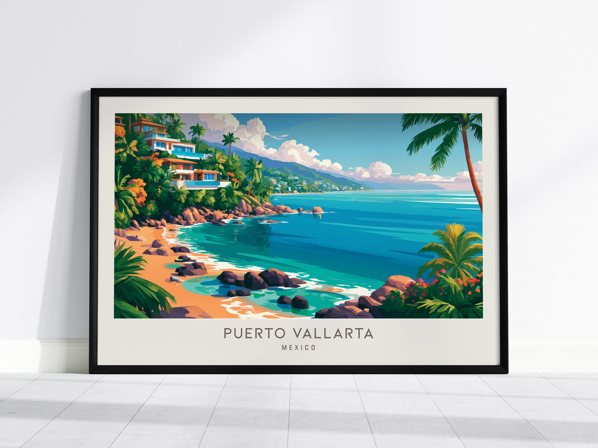 Puerto Vallarta Landscape Matte Border Poster | Mexico Coastal Beach Decor Framed or Unframed — framed wall art, 24x36 in