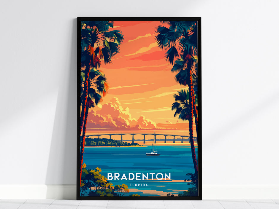 Bradenton Florida poster featuring Green Bridge over Manatee River at sunset with palm trees