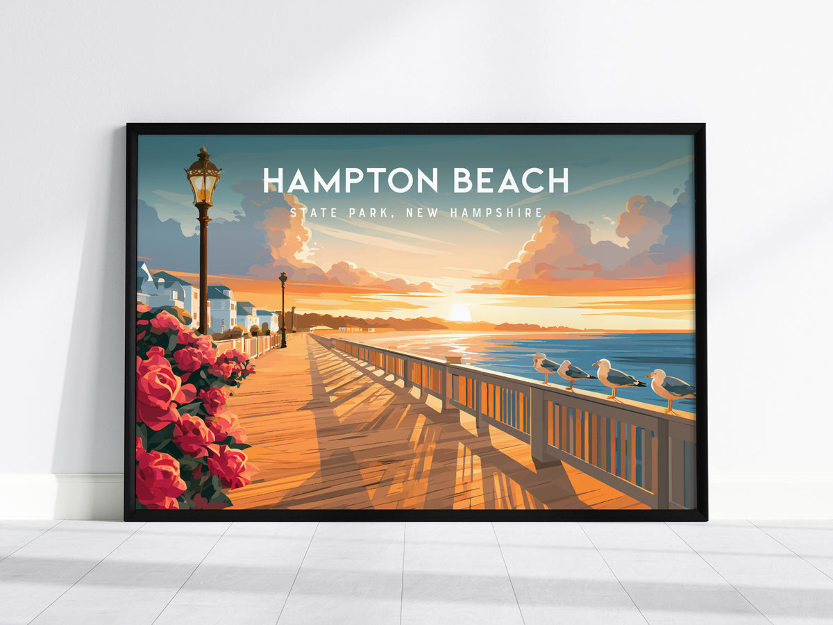 Hampton Beach Landscape Poster | State Park, New Hampshire Beach House Decor Wall Art — framed wall art, 24x36 in