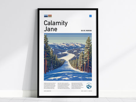 Framed poster of the Calamity Jane ski run at Big Sky, Montana, featuring a snowy path through pine trees with mountains in the background.