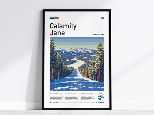 Framed poster of the Calamity Jane ski run at Big Sky, Montana, featuring a snowy path through pine trees with mountains in the background.