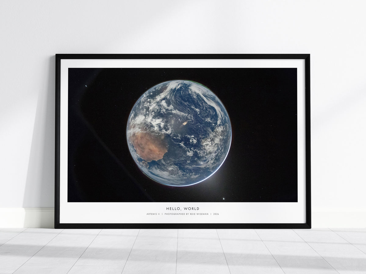 Hello, World Landscape Poster | NASA Artemis II Space Photography Wall Art — framed wall art, 24x36 in