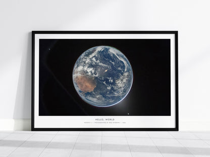 Hello, World Landscape Poster | NASA Artemis II Space Photography Wall Art — framed wall art, 24x36 in