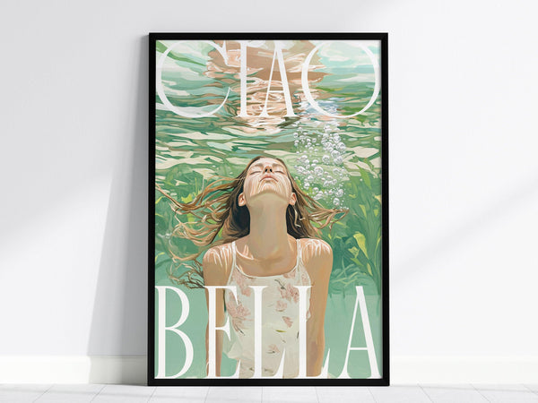 A framed art print shows a woman underwater, looking up with bubbles rising. The background features lush green hues and large Ciao Bella typography.
