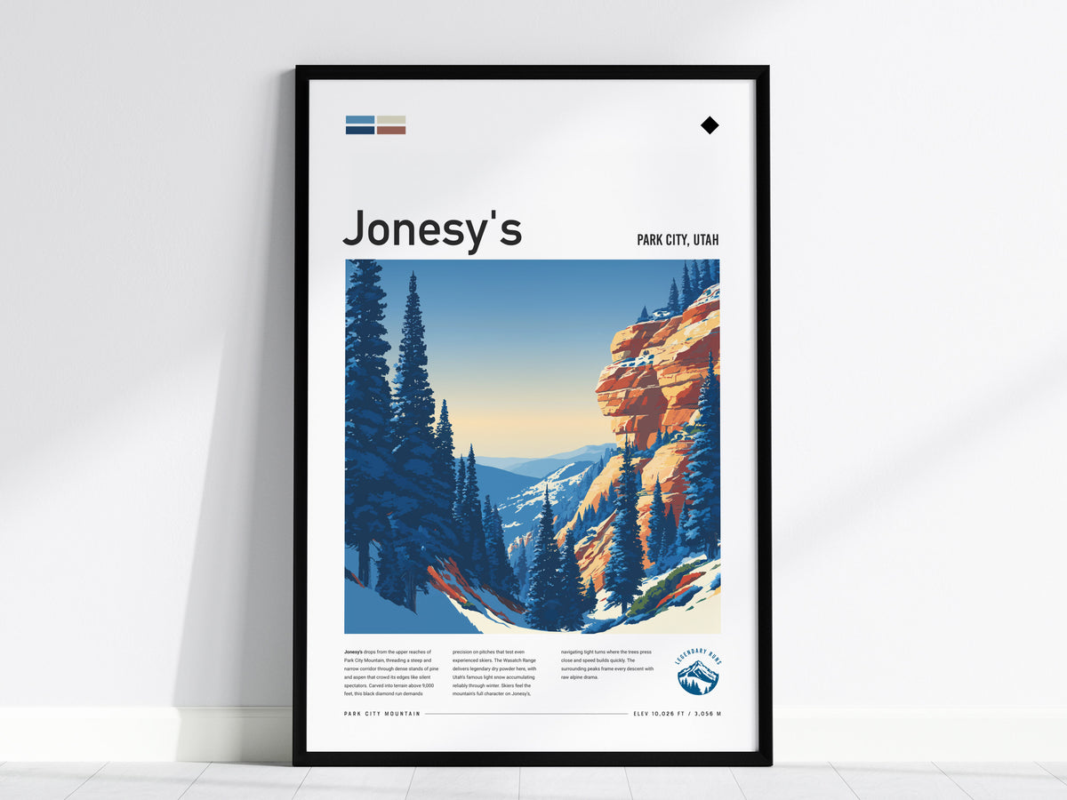Jonesy's, Park City, Utah Poster | Ski Lodge Decor Mountain Wall Art — framed wall art, 24x36 in