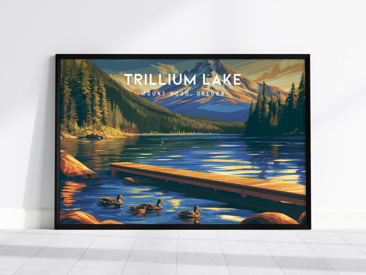 Trillium Lake Landscape Poster | Mount Hood, Oregon Framed or Unframed Vacation Wall Art — framed wall art, 24x36 in