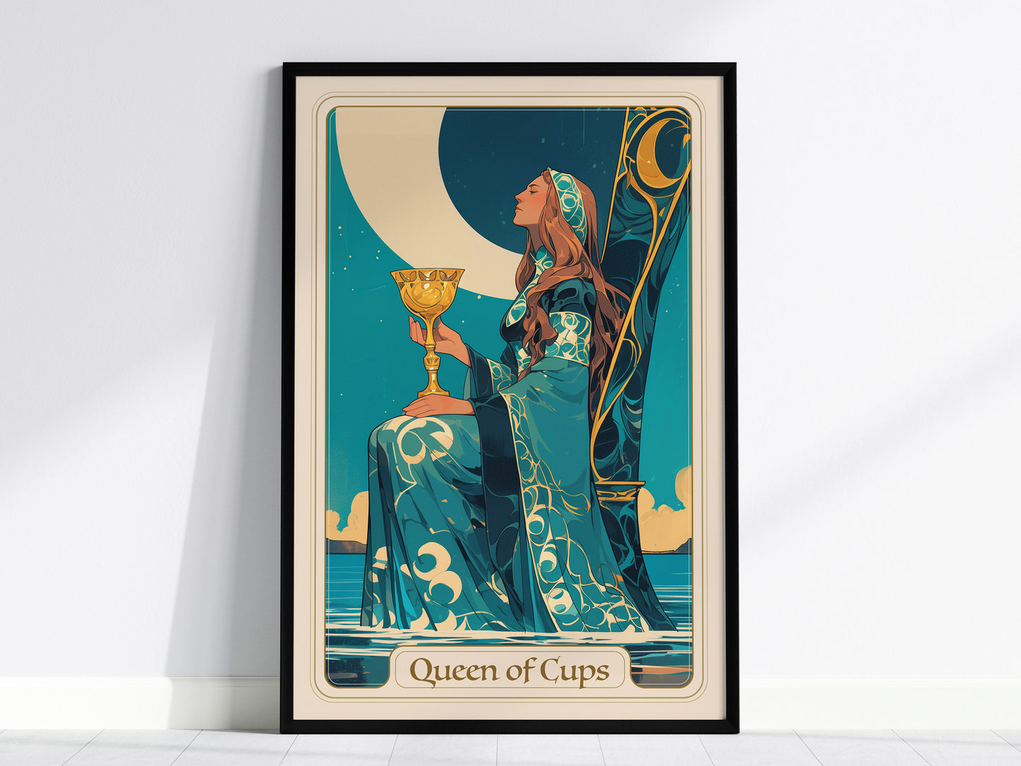 Regal Queen of Cups tarot card poster featuring a serene woman in a blue gown, holding a golden cup against a mystical night sky.