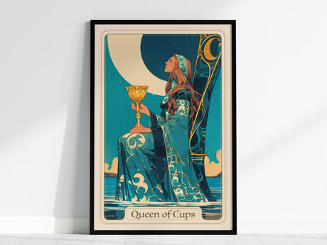 Regal Queen of Cups tarot card poster featuring a serene woman in a blue gown, holding a golden cup against a mystical night sky.