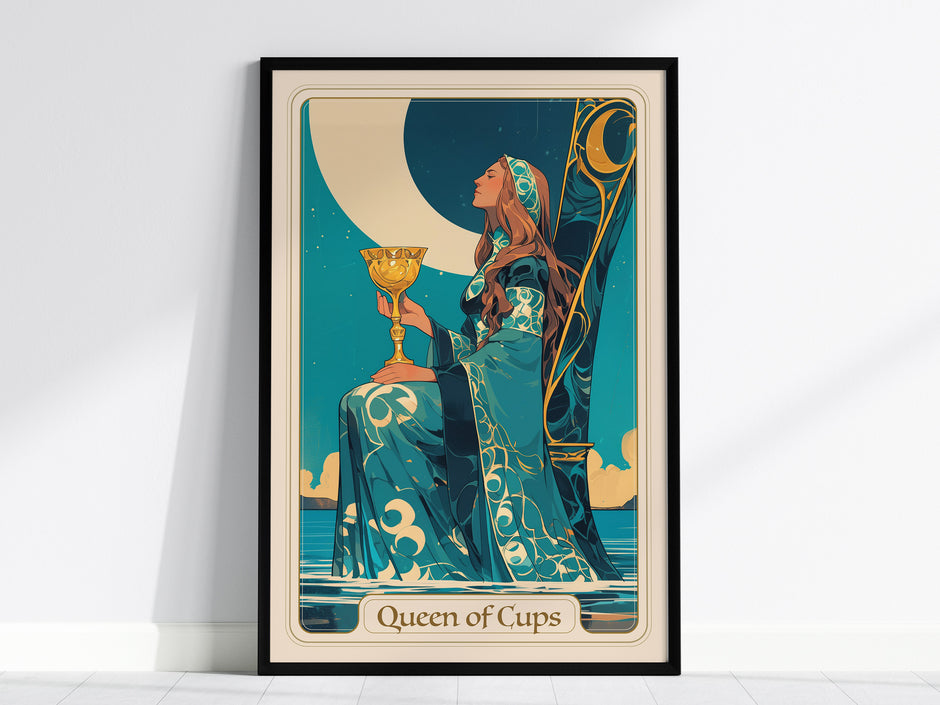 Regal Queen of Cups tarot card poster featuring a serene woman in a blue gown, holding a golden cup against a mystical night sky.