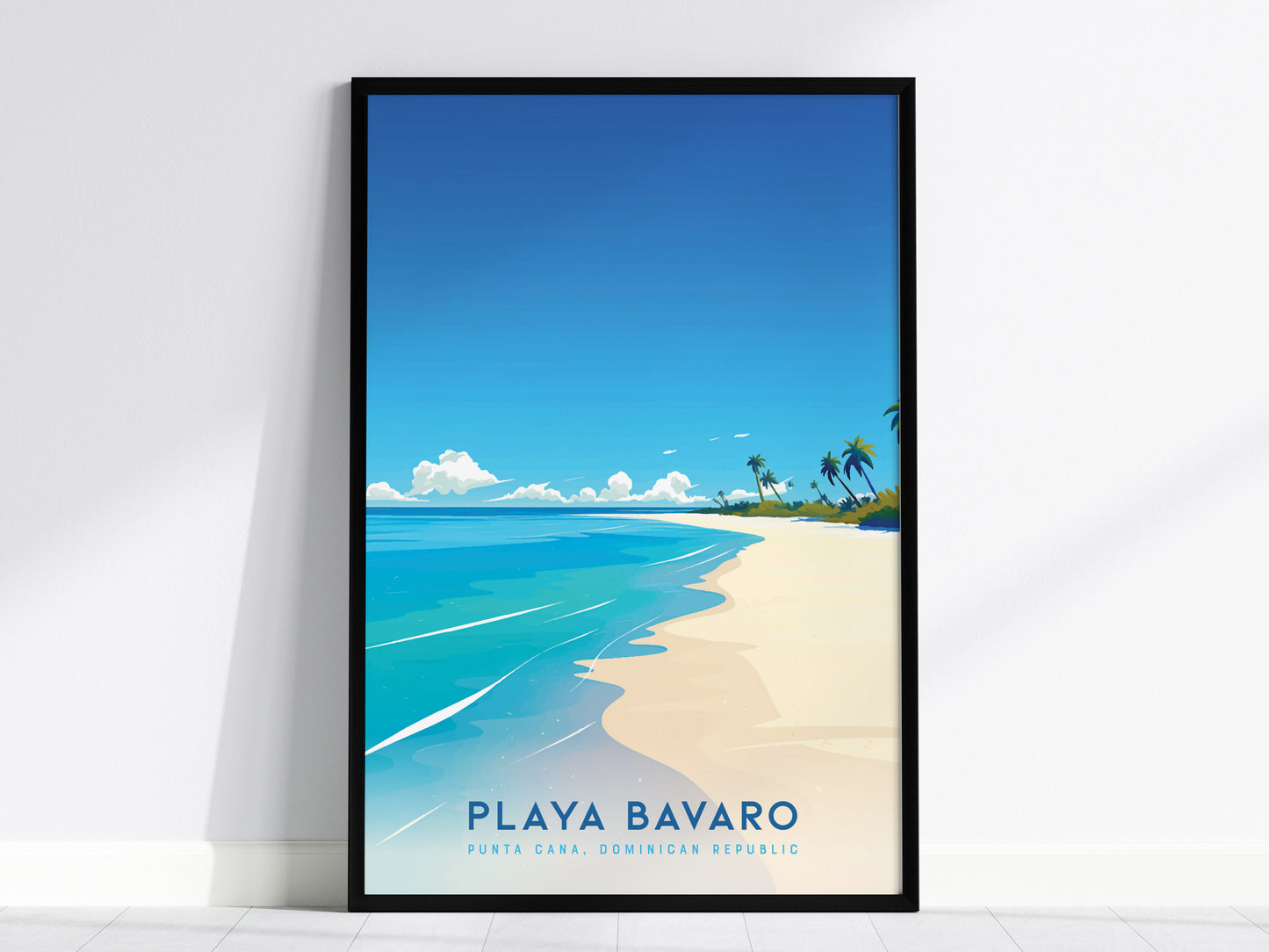 Framed Punta Cana beach poster showcasing Playa Bavaro with vibrant blue ocean, soft beige sand, and lush palm trees.