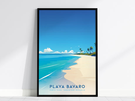 Framed Punta Cana beach poster showcasing Playa Bavaro with vibrant blue ocean, soft beige sand, and lush palm trees.