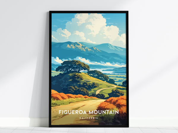 A vibrant poster featuring Figueroa Mountain in California, showcasing rolling hills with lush greenery and orange-hued foliage. The sky is filled with fluffy clouds, creating a picturesque landscape that captures the beauty of the region.