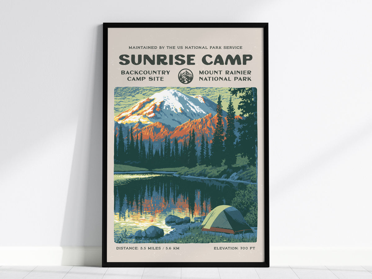 Sunrise Camp, Mount Rainier National Park Poster | Hiker Gift | Backcountry Trail Wall Art — framed wall art, 24x36 in