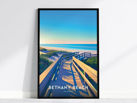 A framed poster of Bethany Beach, Delaware, features a vibrant illustration of a wooden boardwalk leading to the ocean, surrounded by dunes and greenery under a clear blue sky.