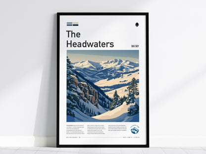 The Headwaters, Big Sky Montana Poster | Ski Lodge Decor Alpine Print Wall Art — framed wall art, 24x36 in