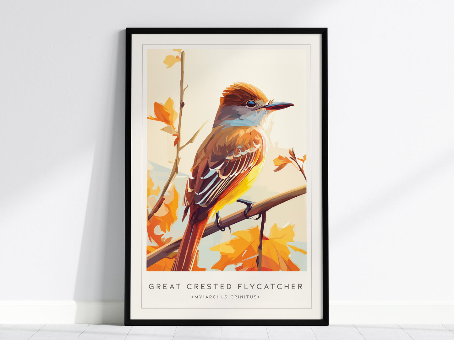Great Crested Flycatcher Poster | Woodland Songbird Nature Wall Art — framed wall art, 24x36 in
