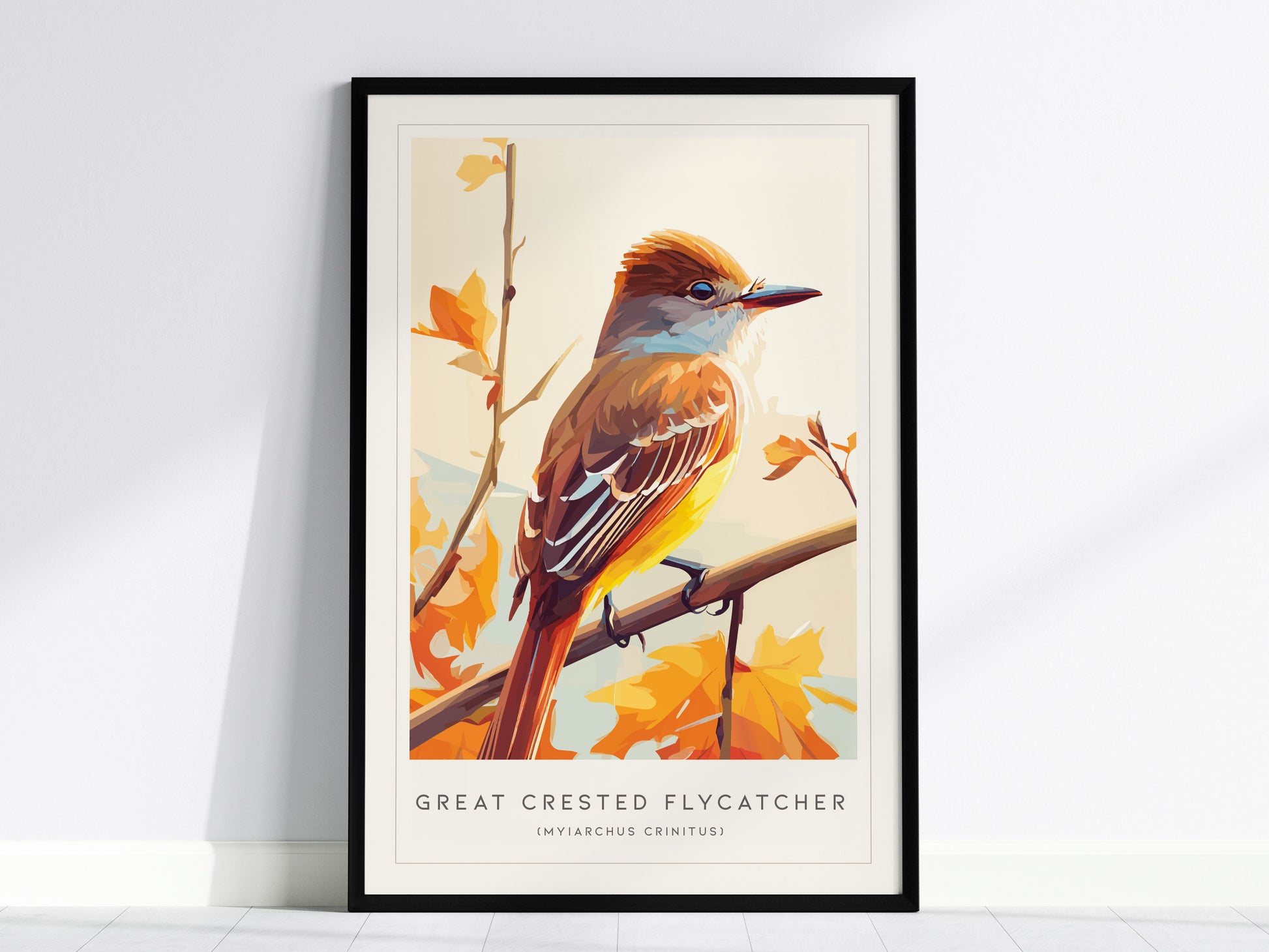 Great Crested Flycatcher Poster | Woodland Songbird Nature Wall Art — framed wall art, 24x36 in