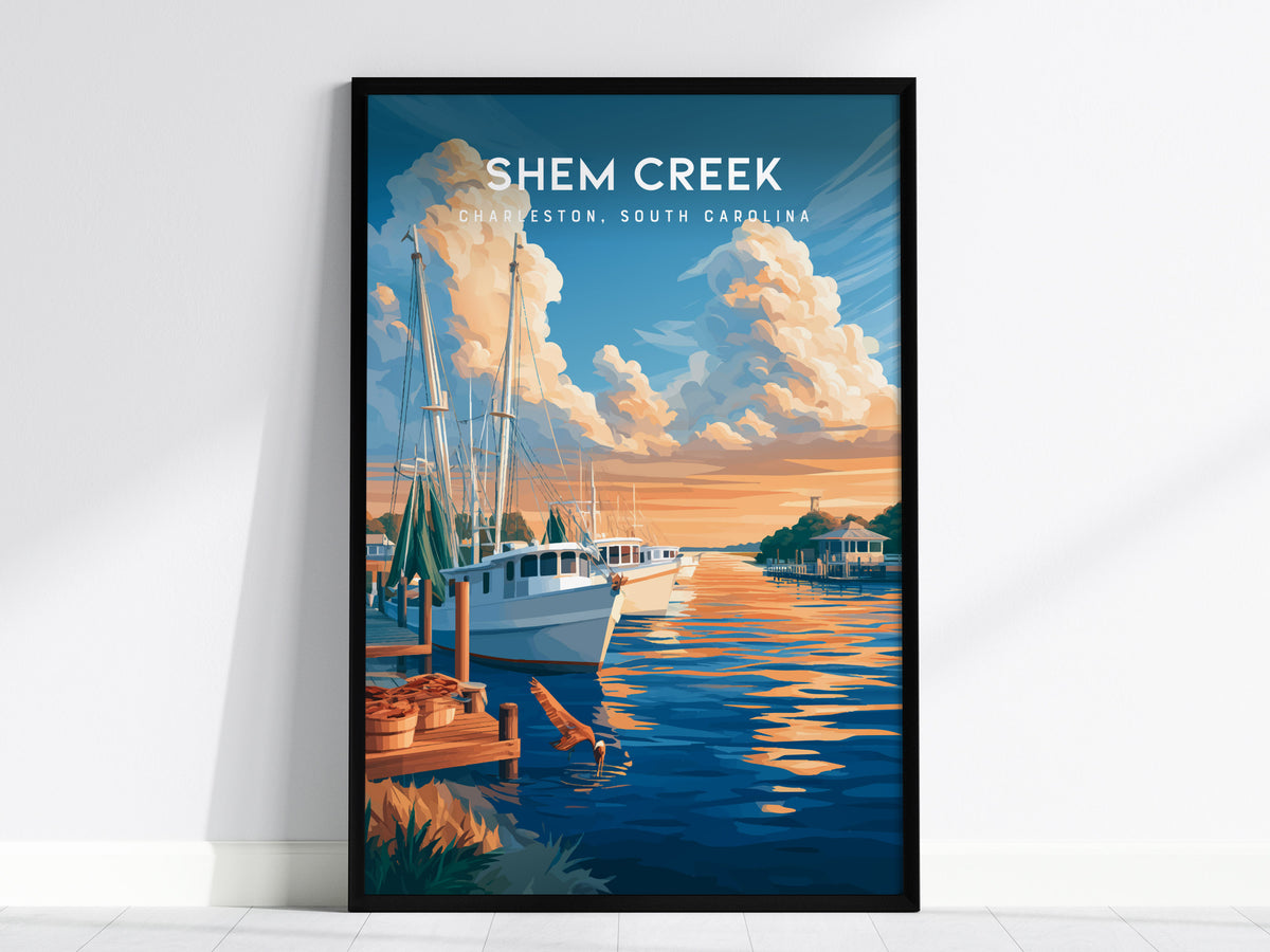 Shem Creek, Charleston, South Carolina Poster | Shrimp Boats & Marsh Sunset Wall Art — framed wall art, 24x36 in