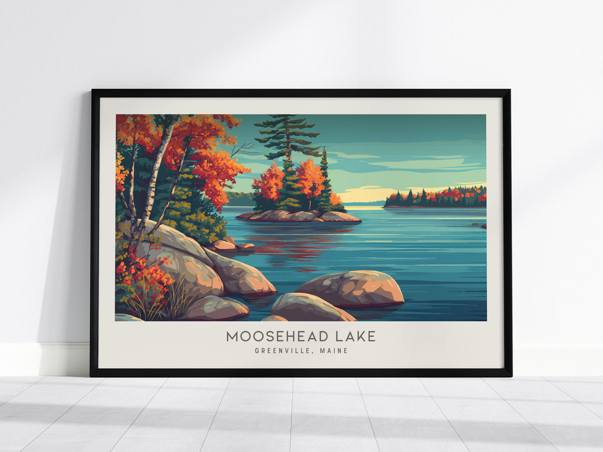 Moosehead Lake Landscape Matte Border Poster | Greenville, Maine Vacation Wall Art — framed wall art, 24x36 in