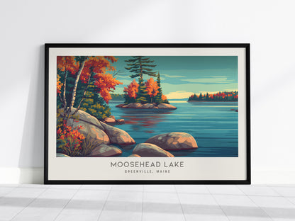 Moosehead Lake Landscape Matte Border Poster | Greenville, Maine Vacation Wall Art — framed wall art, 24x36 in