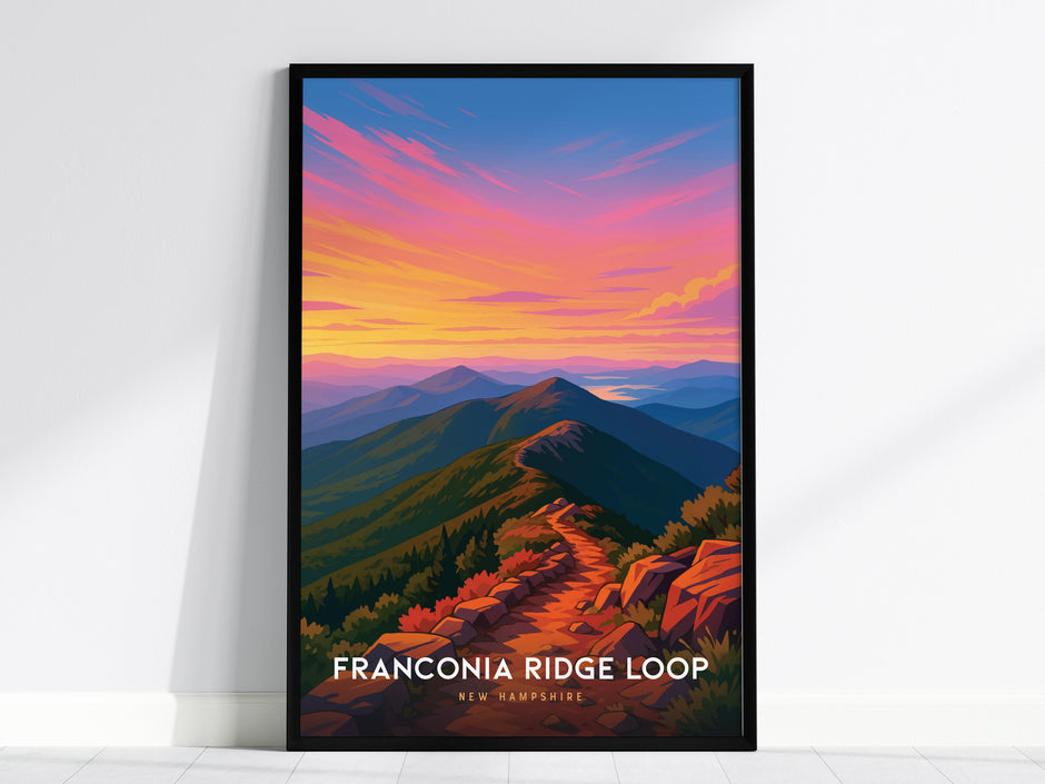 Framed Franconia Ridge Loop poster showcasing a vibrant mountain trail at sunset, perfect travel art for nature lovers.