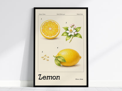 Framed botanical lemon poster featuring vibrant yellow lemons, white flowers, and green leaves, perfect for space art enthusiasts.