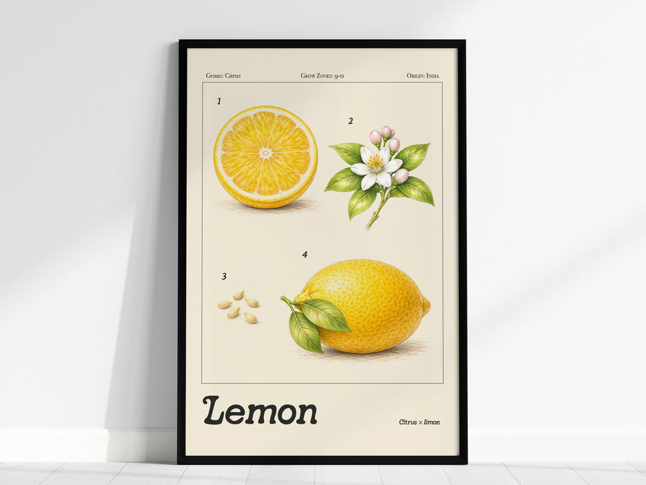 Framed botanical lemon poster featuring vibrant yellow lemons, white flowers, and green leaves, perfect for space art enthusiasts.