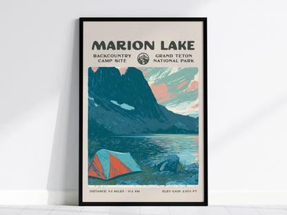 Marion Lake, Grand Teton Poster | Hiker Gift | Alpine Wilderness Backcountry Wall Art — framed wall art, 24x36 in
