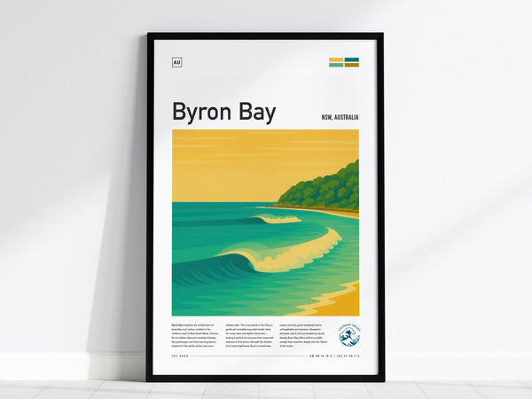 Framed poster of Byron Bay featuring stylized waves and lush green headland under a golden sky. The artwork captures the essence of a popular surfing spot, with text detailing the location in New South Wales, Australia.