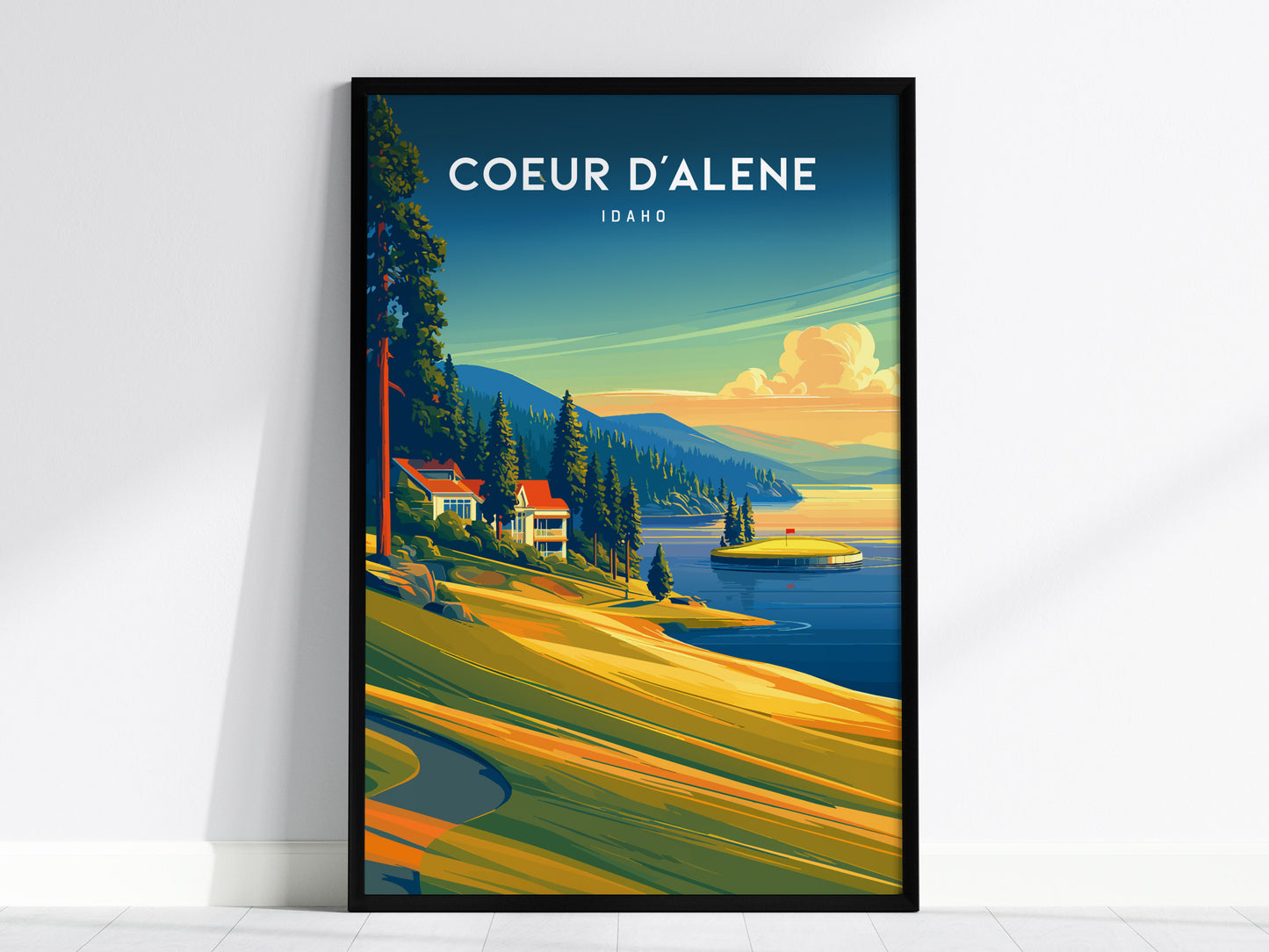 Coeur d'Alene Resort, Idaho Poster | Lakeside Golf Course Scenic Wall Art — framed wall art, 24x36 in