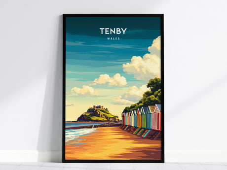 Tenby, Wales Poster | Pastel Harbour & Coastal Cliffs Wall Art — framed wall art, 24x36 in
