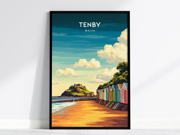 Tenby, Wales Poster | Pastel Harbour & Coastal Cliffs Wall Art — framed wall art, 24x36 in