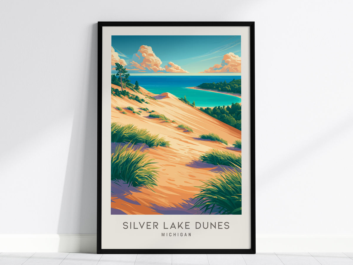 Silver Lake Dunes Matte Border Poster | Michigan Coastal Beach Decor Travel Wall Art — framed wall art, 24x36 in
