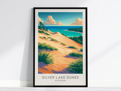 Silver Lake Dunes Matte Border Poster | Michigan Coastal Beach Decor Travel Wall Art — framed wall art, 24x36 in