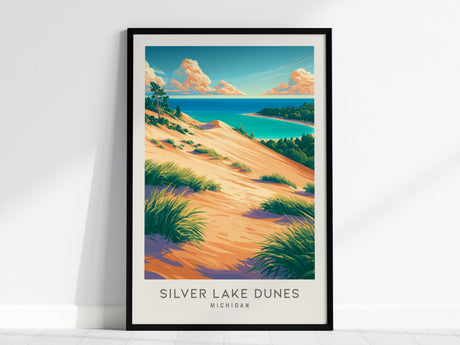 Silver Lake Dunes Matte Border Poster | Michigan Coastal Beach Decor Travel Wall Art — framed wall art, 24x36 in