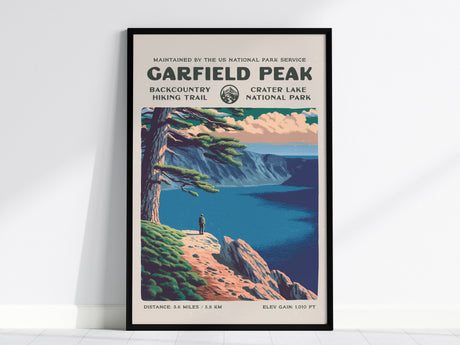 Garfield Peak, Crater Lake National Park Poster | Hiker Gift | Backcountry Trail Wall Art — framed wall art, 24x36 in