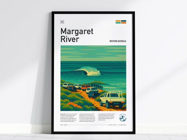 A framed poster featuring a vibrant illustration of the Margaret River coastline in Western Australia, depicting cars parked along a coastal road with a large wave in the background. This wall art captures the essence of surf culture.