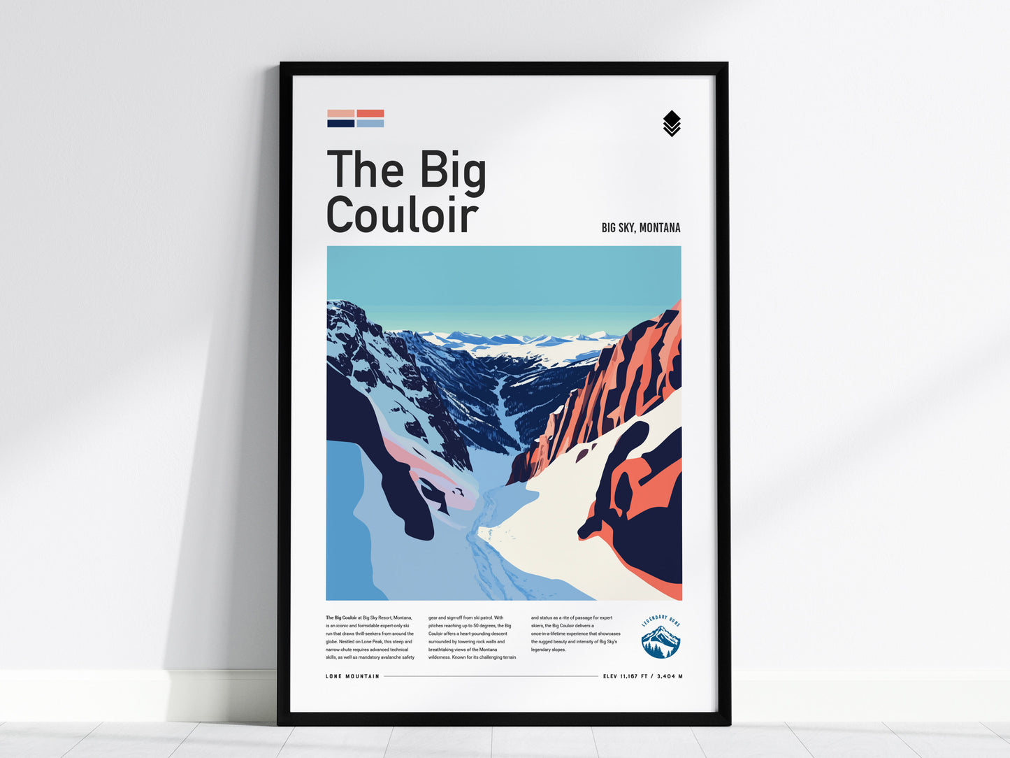 The Big Couloir | Big Sky Montana Black Diamond Expert Ski Run Framed Poster Skier Snowboarder Mountain Cabin Resort Skiing Art Decor Gift